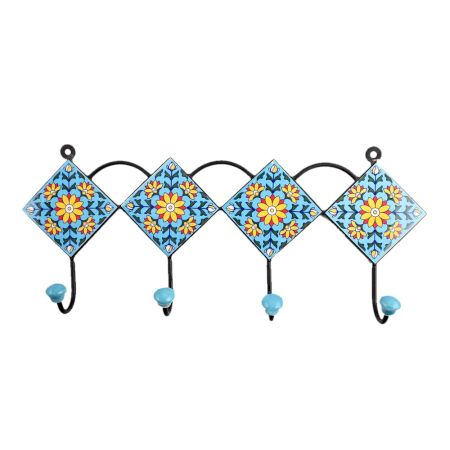 Turquoise Yellow Floral Tiles Hooks
